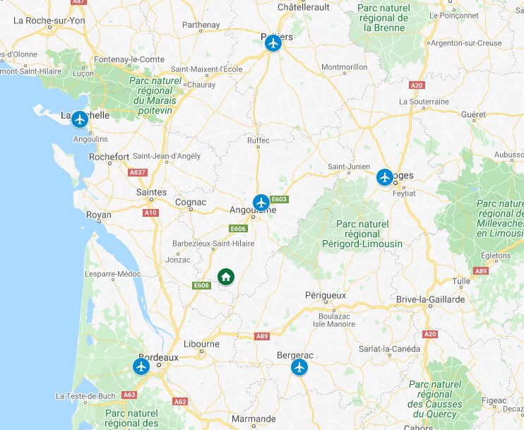 map of airports in south west France