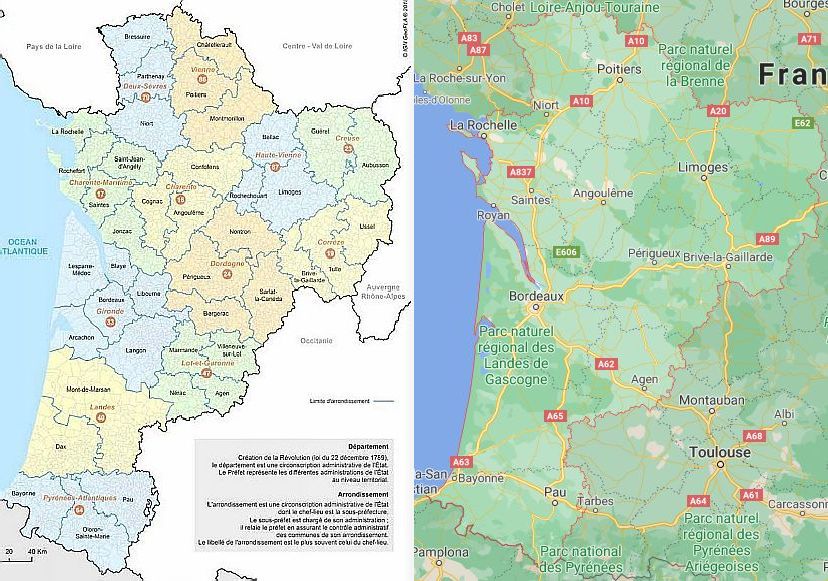 Nouvell aquitaine map with departments